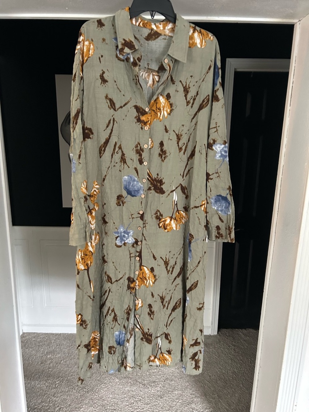 Button-Front Olive Maxi Dress with Blue and Gold Floral Print With Pockets